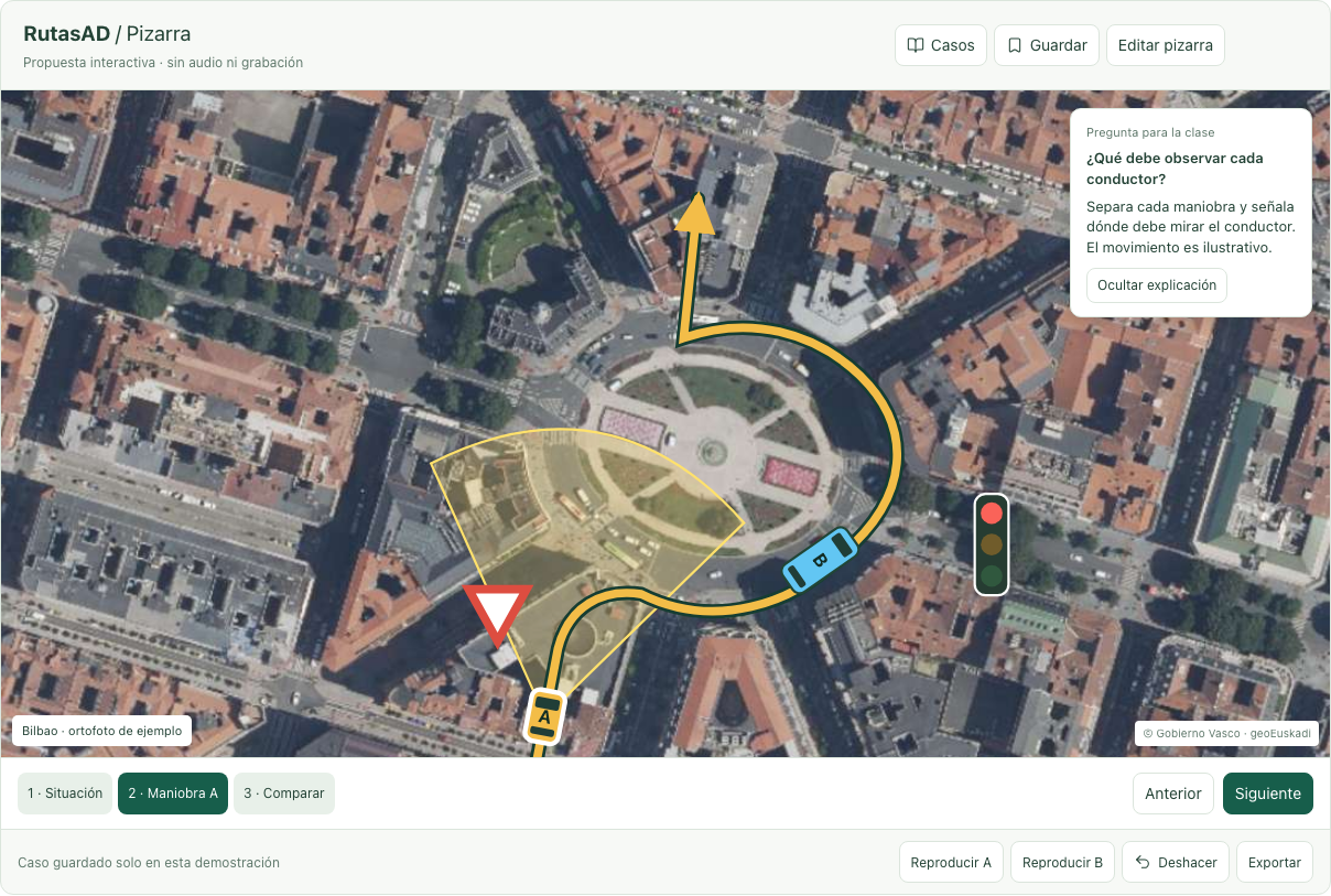 Demostración de pizarra vial con trayectorias, vehículos y señales sobre una ortofoto
